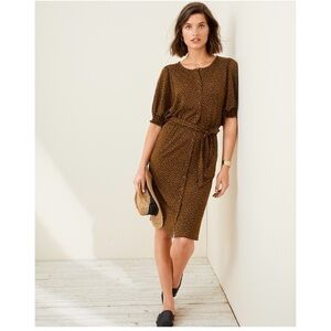 Garnet Hill Smocked Elbow-Sleeve Knit Dress XS Brown Knee Length Button Front